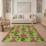 Vibrant Green Bee Pink Flower Area Rug