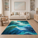Blue Teal Palm Wave Coastal Area Rug