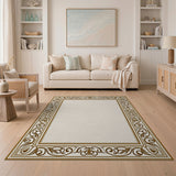 Ornate Gold Floral Frame Beige Area Rug