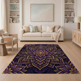 ODIKA Washable Purple and Gold Mandala Area Rug, Low Pile Non-Slip Boho Carpet
