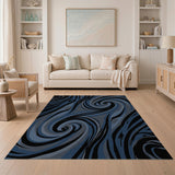 ODIKA Modern Abstract Swirl Navy Blue Washable Rug - Low Pile Non-Slip Area Rug