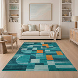 Teal Geometric Abstract Area Rug with Orange Accents