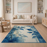 ODIKA Blue Botanical Washable Area Rug - Chinoiserie Low Pile Non-Slip Rug