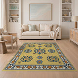 Yellow Persian Medallion Area Rug with Blue Motifs