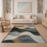 Abstract Navy Gold Wave Geometric Area Rug