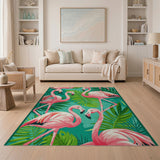Pink Flamingos Palm Leaves Coastal Rug