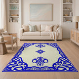 Ornate Blue Floral Border Cream Area Rug