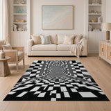 Black White Checkered Tunnel Illusion Area Rug