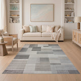 Beige and Neutral Beige Grey Geometric Block Area Rug
