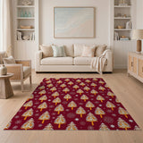 Whimsical Christmas Trees Snowflakes Red Area Rug