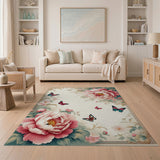 Vintage Pink Peony Butterfly Floral Rug