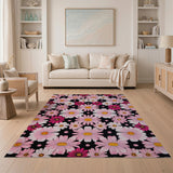 Retro Pink Daisy Floral Area Rug on Black