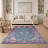 Vibrant Teal Pink Traditional Persian Area Rug