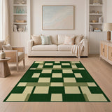 Green Geometric Block Area Rug with Beige Accents