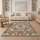 ODIKA Washable Tribal Geometric Area Rug - Terracotta & Beige Low Pile