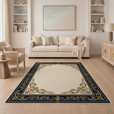 Ornate Gold Navy Baroque Border Area Rug