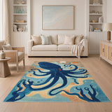 Blue and Teal Blue Octopus Coastal Area Rug