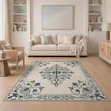 Beige and Neutral Ornate Black Floral Beige Area Rug