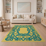 Golden Yellow Area Rug with Teal Celtic Knot Border