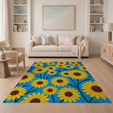 Vibrant Sunflower Blooms Blue Area Rug