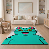 Grinning Teal Cartoon Cat Kids Rug
