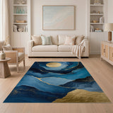 ODIKA Washable Abstract Navy Blue and Gold Marble Area Rug - Low Pile & Non-Slip