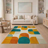 ODIKA Mid-Century Modern Geometric Washable Area Rug, Teal & Mustard