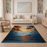 Sunset Palms Over Teal Ocean Area Rug