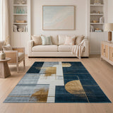 Navy Blue and Gold Geometric Modern Area Rug