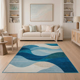 Serene Blue Teal Wave Coastal Area Rug