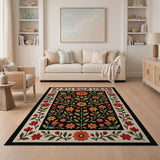 Vibrant Red Orange Floral Black Area Rug