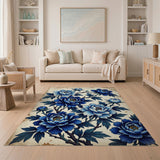 Vintage Blue Peony Floral Area Rug