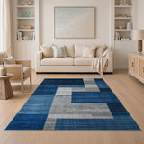 Navy Blue Grey Geometric Block Area Rug