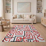 Bold Red Black Geometric Maze Area Rug