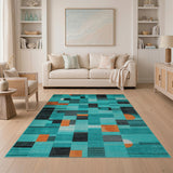 Blue and Teal Teal Geometric Modern Area Rug with Orange Accents