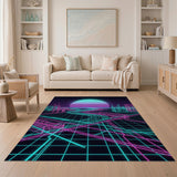 ODIKA Retro Synthwave Neon Grid Washable Area Rug - 80s Cyberpunk Non-Slip Low Pile Decor