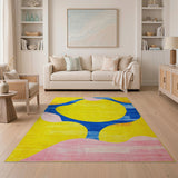 Vibrant Yellow Abstract Rug with Blue Loops Pink Curves