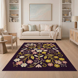 Whimsical Purple Floral Bird Rug with Hearts