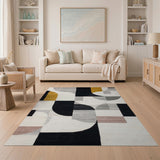 Washable Abstract Geometric Area Rug - Modern Gold & Black Low Pile Non-Slip Rug