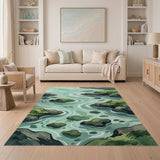 Teal Flowing Stream Mossy Rocks Area Rug