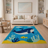 Playful Blue and Teal Playful Whale Ocean Kids Area Rug
