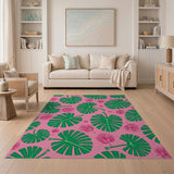 Pink Vibrant Pink Monstera Leaf Area Rug