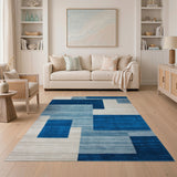 Blue Block Geometric Textured Area Rug