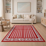 Red Gingham Checkered Area Rug with Swirl Border