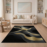Gold Waves Black Abstract Area Rug