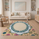 Pink Blue Daisy Scalloped Floral Vintage Rug