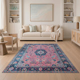Washable Pink & Blue Vintage Persian Area Rug, Low Pile & Non-Slip
