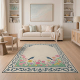 Vintage Floral Meadow Rug with Blue Birds