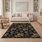 Vintage Tan Floral on Black Area Rug