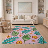 Pink Tropical Palm Leaves and Hibiscus Flower Rug